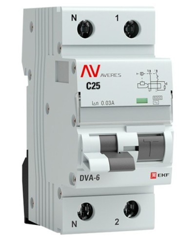 DVA-6 1P+N 25А (C) 30мА (AC) 6кА  AVERES (rcbo6-1pn-25C-30-ac-av). Автоматический выключатель дифференциального тока. EKF в Вологде