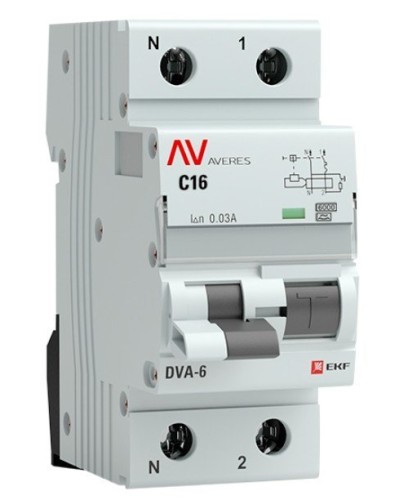 DVA-6 1P+N 16А (C) 30мА (A) 6кА  AVERES (rcbo6-1pn-16C-30-a-av). Автоматический выключатель дифференциального тока. EKF в Вологде