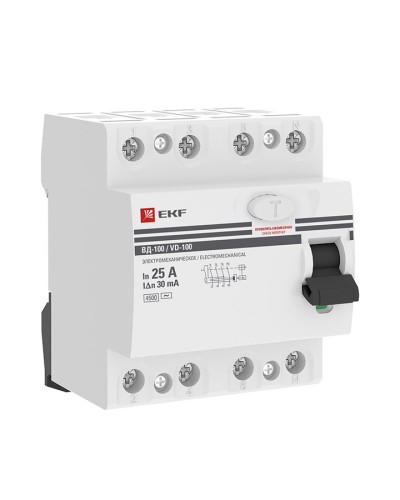 УЗО ВД-100 4P 25А 30мА тип AC эл-мех  PROxima (elcb-4-25-30-em-pro). Выключатель дифференциального тока (УЗО). EKF в Вологде