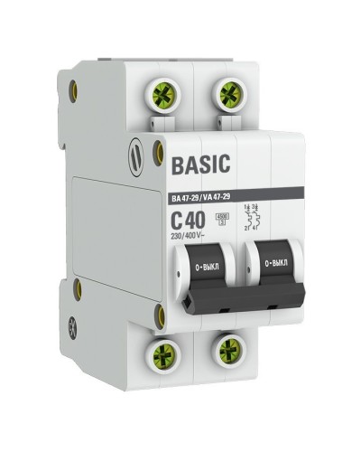 Автоматический выключатель 2P 40А (C) 4,5кА ВА 47-29 Basic (mcb4729-2-40C). Автоматический выключатель. EKF в Вологде