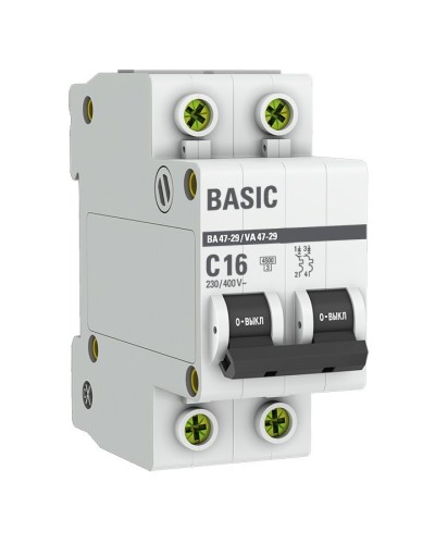 Автоматический выключатель 2P 16А (C) 4,5кА ВА 47-29 Basic (mcb4729-2-16C). Автоматический выключатель. EKF в Вологде