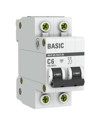 Автоматический выключатель 2P 6А (C) 4,5кА ВА 47-29 Basic (mcb4729-2-06C). Автоматический выключатель. EKF в Вологде