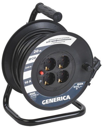 УК20 4 места 2P+PE, 20м GENERICA (WKP10-10-04-20-G). Удлинитель на катушке с термозащитой, 3х1,0кв.мм. IEK в Вологде