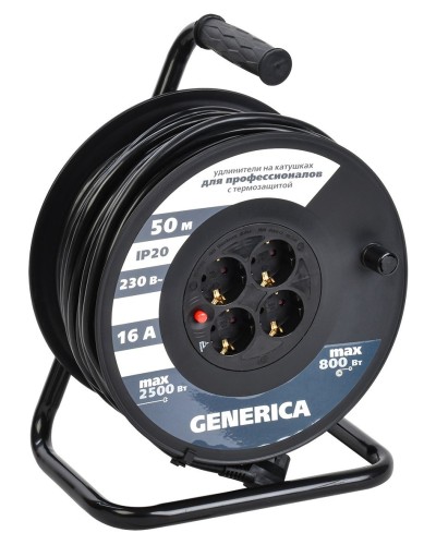 УК50 4 места 2P+PE, 50м GENERICA (WKP20-16-04-50-G). Удлинитель на катушке с термозащитой, 3х1,5кв.мм. IEK в Вологде