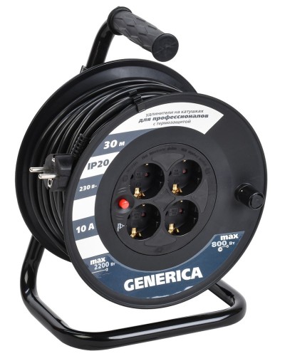 УК30 4 места 2P+PE, 30м GENERICA (WKP10-10-04-30-G). Удлинитель на катушке с термозащитой, 3х1,0кв.мм. IEK в Вологде