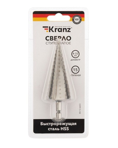 Сверло по металлу ступенчатое 4,0-32,0 мм 102 mm 62 HRC Kranz (KR-12-6603): Сверло по металлу шлифованное в Вологде