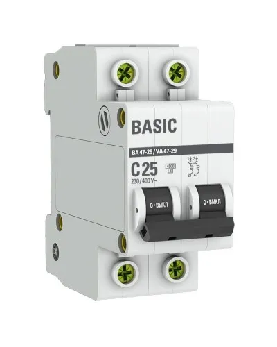 Автоматический выключатель 2P 25А (C) 4,5кА ВА 47-29 Basic (mcb4729-2-25C). Автоматический выключатель. EKF в Вологде