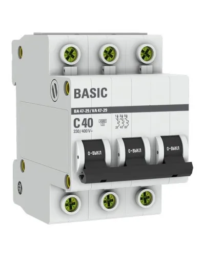 Автоматический выключатель 3P 40А (C) 4,5кА ВА 47-29 Basic (mcb4729-3-40C). Автоматический выключатель. EKF в Вологде