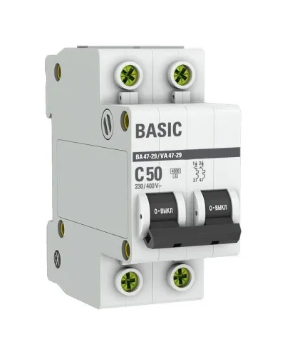 Автоматический выключатель 2P 50А (C) 4,5кА ВА 47-29 Basic (mcb4729-2-50C). Автоматический выключатель. EKF в Вологде