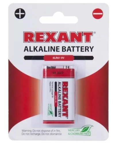 Алкалиновая батарейка 6LR61 («Крона») 9 V 1 шт. блистер REXANT (30-1061). Элемент питания. Rexant в Вологде